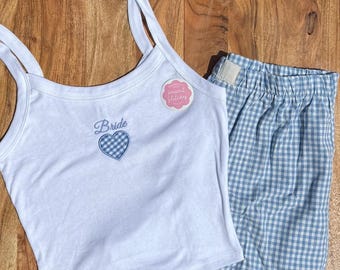 Personalized Bridesmaid Pajama Set, Gingham Shorts, Bridal Lounge Wear
