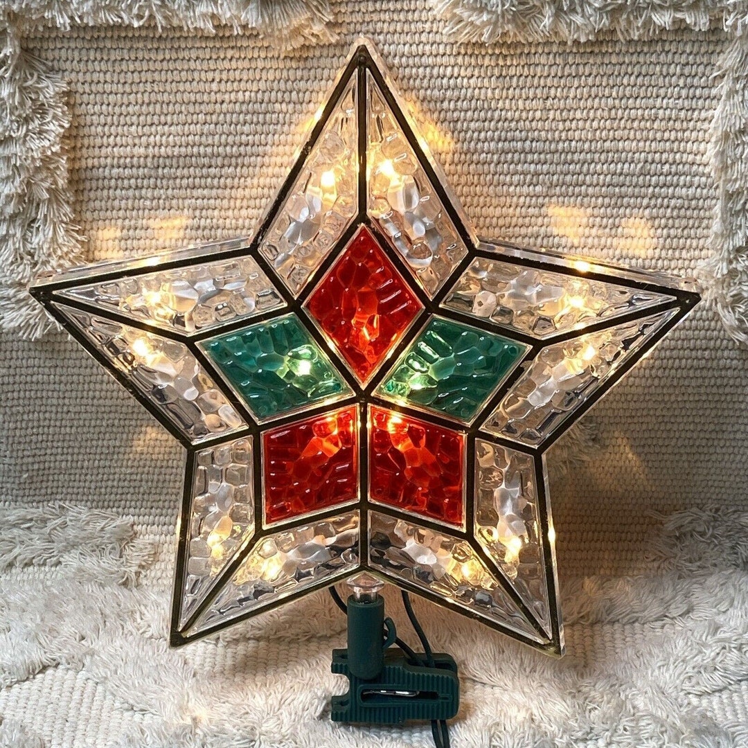 Christmas 5 Point Star Tree Topper Textured Clear Red Green Plastic ...
