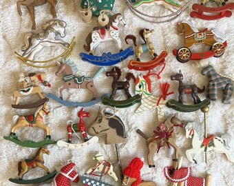 Lot of 24 Various Vintage Horse Ornaments Rocking Horses Hand Made Wooden Cloth