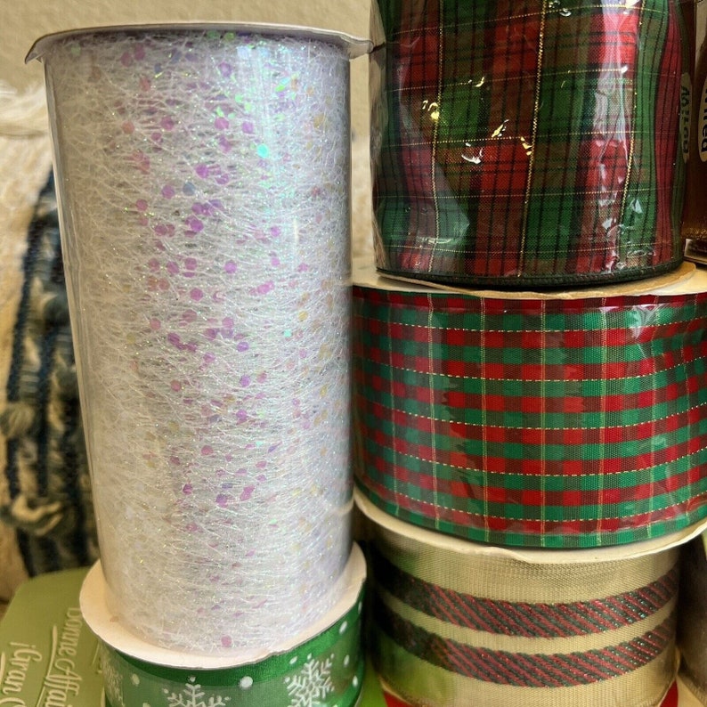 Vintage Lot of 11 Rolls Ribbon 139 Yards Christmas Red Green Silver Metallic image 2