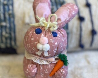 Vintage Handmade Bunny Easter Rabbit Plush Stuffed Pink Carrot Decor Cottagecore