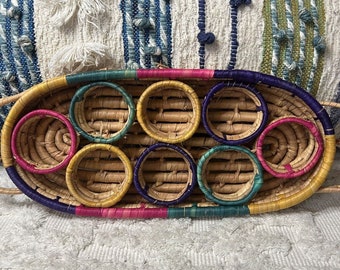 Vintage Oblong Oval Basket Drink Cup Caddy Colorful Raffia Southwestern Boho