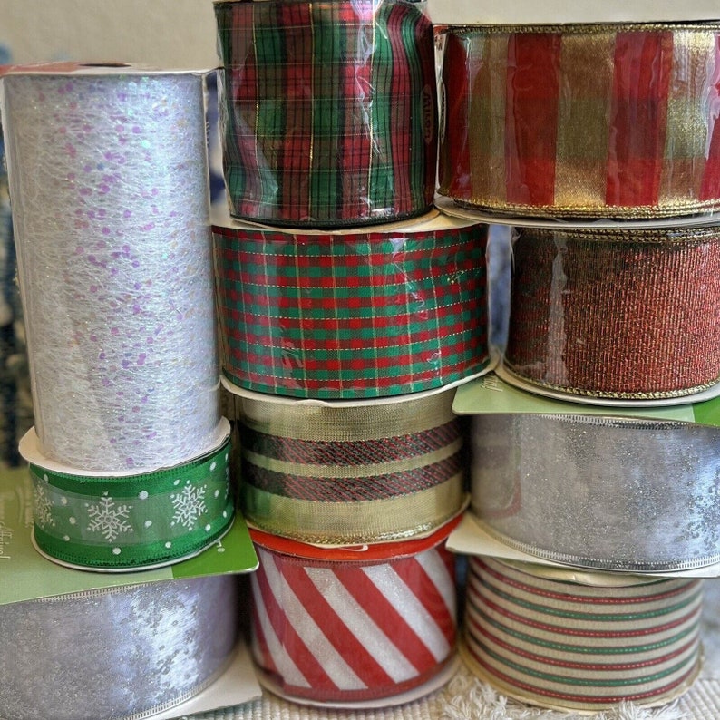 Vintage Lot of 11 Rolls Ribbon 139 Yards Christmas Red Green Silver Metallic image 1