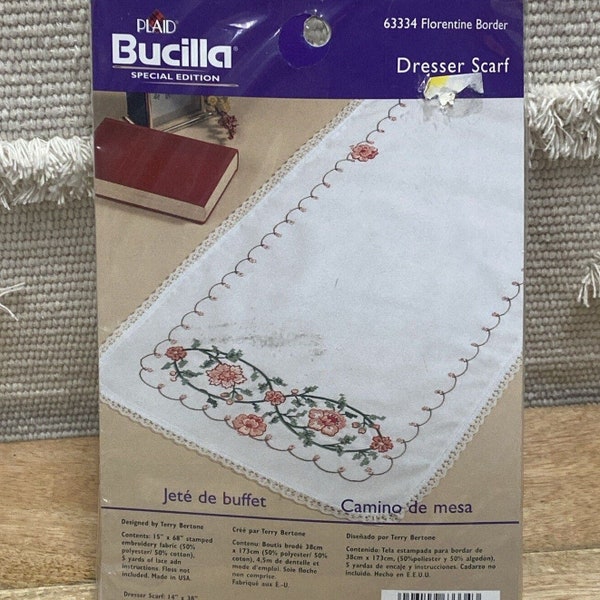 Vintage Bucilla Florentine Border 63334 Stamped Dresser Scarf Embroidery Kit