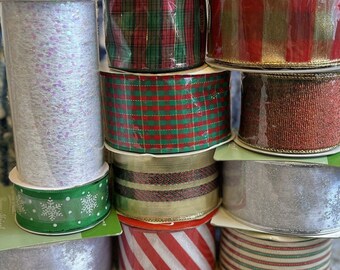 Vintage Lot of 11 Rolls Ribbon 139 Yards Christmas Red Green Silver Metallic