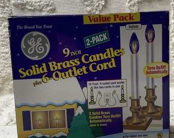 Vintage GE 2 Pk 9” Solid Brass Candles Plus 6 Outlet Cord Timer Dusk To Dawn