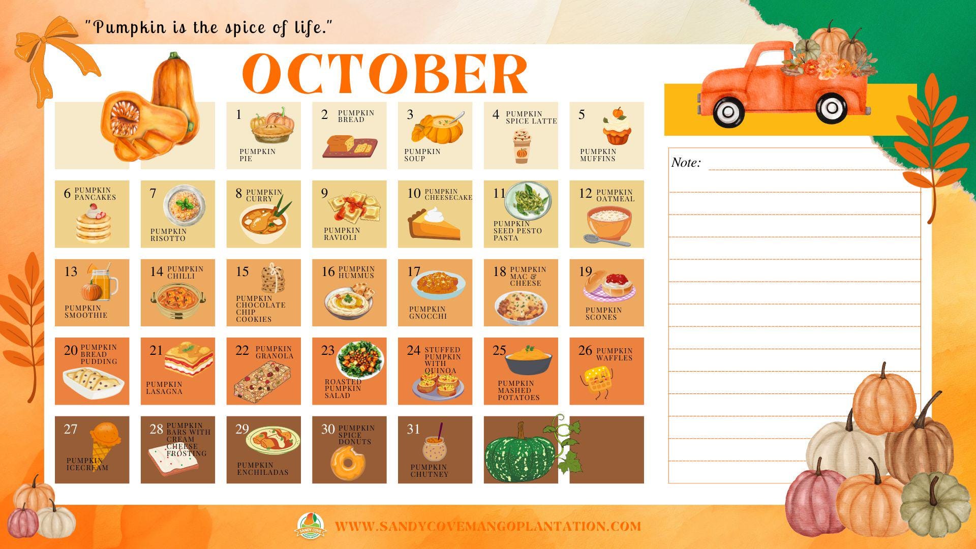 Sandy Cove's October Pumpkin Recipe Ideas Calendar Printable - Etsy