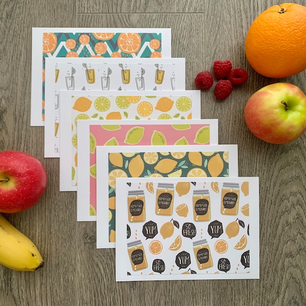 Set of 6 Homemade Blank Cards, Thank you cards, Summer Fruit, Citrus, Colibri Paper Goods