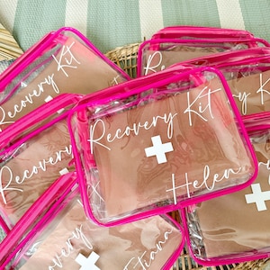 Girls recovery kit for girls trip bag care kit girls party favor for girls trip beach vacation recovery care kit clear make up bag Hot pink