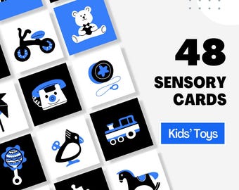 Cartões sensoriais para bebês Alto contraste Preto Branco e Azul Desenvolvimento sensorial para bebês Estimulação infantil Cartão flash para bebês Montessori Sensorial infantil