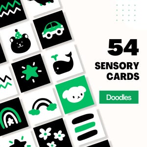 K&ouml;nnte beinhalten: Ein Set mit 54 schwarzen und gr&uuml;nen Sinneskarten mit verschiedenen Kritzeleien, darunter ein Wal, ein Auto, ein Regenbogen, ein Stern und ein Hund. Der Text "54 Sensory Cards" und "Doodles" ist ebenfalls enthalten.