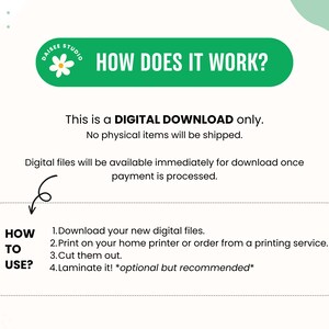 K&ouml;nnte beinhalten: Eine gr&uuml;ne und wei&szlig;e Grafik mit dem Text "WIE FUNKTIONIERT ES?" und einem G&auml;nsebl&uuml;mchen-Logo. Der Text erkl&auml;rt, dass es sich um einen digitalen Download handelt, keine physischen Artikel werden versandt. Digitale Dateien stehen sofort zum Download bereit, sobald die Zahlung verarbeitet wurde. Die Grafik enth&auml;lt auch Anweisungen zur Verwendung der digitalen Dateien: Herunterladen, Drucken, Ausschneiden und Laminieren.