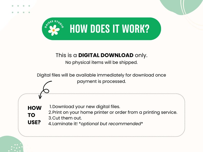 K&ouml;nnte beinhalten: Eine gr&uuml;ne und wei&szlig;e Grafik mit dem Text "WIE FUNKTIONIERT ES?" und einem G&auml;nsebl&uuml;mchen-Logo. Der Text erkl&auml;rt, dass es sich um einen digitalen Download handelt, keine physischen Artikel werden versandt. Digitale Dateien stehen sofort zum Download bereit, sobald die Zahlung verarbeitet wurde. Die Grafik enth&auml;lt auch Anweisungen zur Verwendung der digitalen Dateien: Herunterladen, Drucken, Ausschneiden und Laminieren.