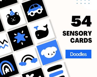 Cartões sensoriais para bebês, alto contraste, preto, branco e azul, desenvolvimento do bebê, estimulação infantil, cartões flash para bebês, desenvolvimento sensorial do bebê Montessori