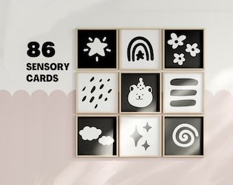 Cartões sensoriais para bebês em preto e branco - Flashcards Montessori imprimíveis de alto contraste para desenvolvimento do bebê, estimulação infantil - DOWNLOAD DIGITAL