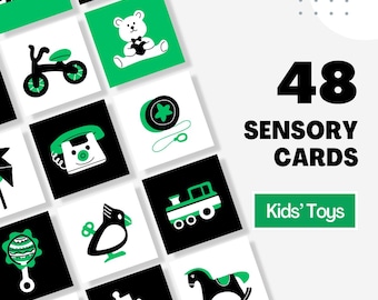Cartões sensoriais para bebês Alto contraste Preto Branco e verde Desenvolvimento sensorial para bebês Estimulação infantil Cartão flash para bebês Montessori Sensorial infantil