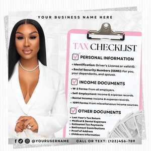 Volledig bewerkbare flyer fiscale voorbereiding checklist, flyer belastingseizoen 2025, flyer voorbereider inkomstenbelasting, flyer boekhouddiensten, canvassjabloon