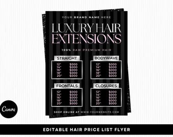 Puede incluir: Folleto en blanco y negro que anuncia "LUXURY HAIR EXTENSIONS" con una lista de precios para diferentes tipos de extensiones de cabello, incluyendo Straight, Bodywave, Frontals y Closures. El folleto también indica "100% RAW PREMIUM HAIR".