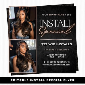 Puede incluir: Folleto negro y dorado con dos fotos de una persona con cabello castaño largo y ondulado. El texto incluye "INSTALL Special", "$99 WIG INSTALLS" y una dirección web. Plantilla de folleto editable.