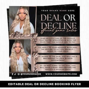 May include: Black and gold flyer with the text "DEAL OR DECLINE" and "official game rules". The flyer includes two portraits of a woman with long blonde hair. The flyer also includes social media handles and a website address.