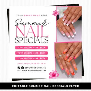 Sommarens nagelerbjudanden, bokningsflyer för nageltekniker, redigerbar Canva-mall bild 1
