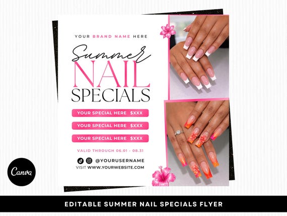 Summer Nail Specials Flyer, Nail Tech Booking Flyer, Editable Canva Template