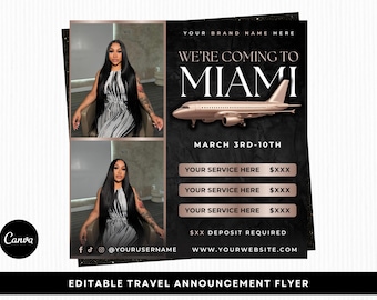 Travel Announcement Booking Flyer, Miami Travel Flyer, Hair Stylist, MUA, Booking Flyer, Lash Tech, Nail Tech, Editable Canva Template