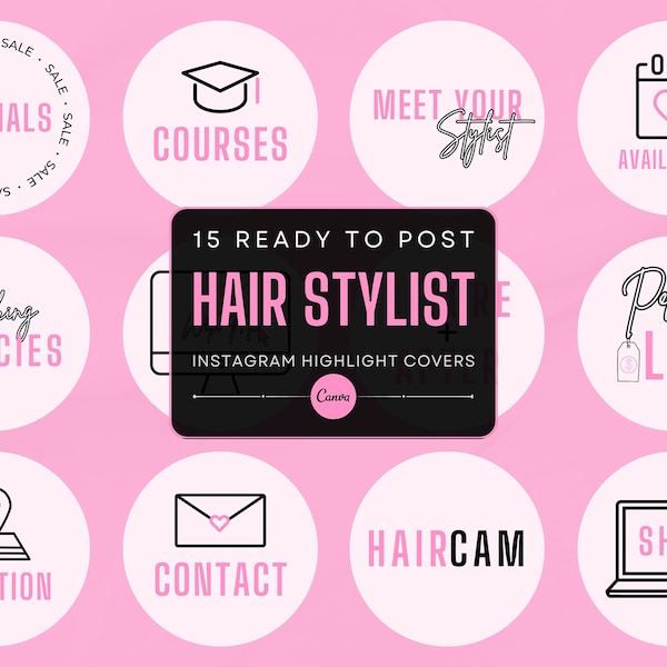 15 Friseur Instagram Highlight Cover Vorlagen | Hellrosa Highlight Icons | Haar Stylist Branding | Canva Vorlagen