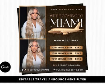 Travel Announcement Booking Flyer, Miami Travel Flyer, Hair Stylist, MUA, Booking Flyer, Lash Tech, Nail Tech, Editable Canva Template