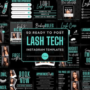 50 Black and Mint Lash Tech Instagram Post Templates | Lash Quotes | Lash Posts | Lash Tech Branding | Canva Templates