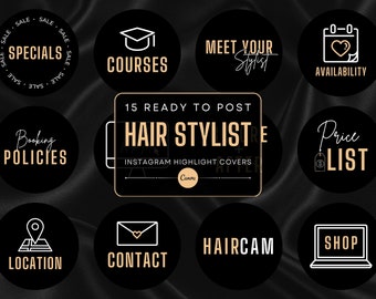 Puede incluir: Un conjunto de 15 cubiertas de resaltado de Instagram negras y doradas para un estilista de cabello. Las cubiertas presentan iconos y texto como "Cursos", "Conoce a tu estilista", "Disponibilidad", "Políticas de reserva", "Lista de precios", "Ubicación", "Contacto", "Haircam" y "Tienda".