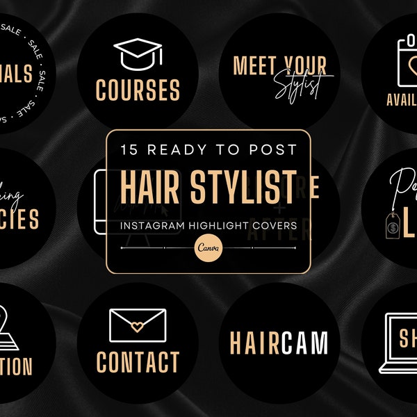 15 Hair Stylist Instagram Highlight Cover Templates | Black and Gold Highlight Icons | Hair Stylist Branding | Canva Templates