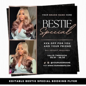 Bestie Special Booking Flyer, Bring a Friend Special Flyer, Hair Stylist, Lash Tech, MUA, Nail Tech, Braider, Editable Canva Template