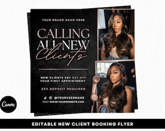 New Client Booking Flyer, Calling All New Clients, Hair Stylist, Braider, Lash Tech, Nail Tech, MUA, Editable Canva Template