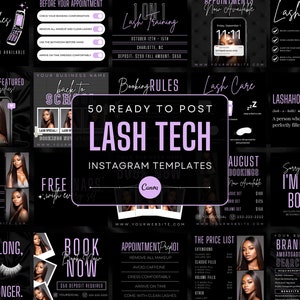 50 Black and Lavender Lash Tech Instagram Post Templates | Lash Quotes | Lash Posts | Lash Tech Branding | Canva Templates