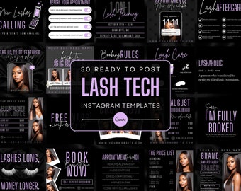 50 Plantillas de publicaciones de Instagram de Lash Tech en negro y lavanda / Citas de pestañas / Publicaciones de pestañas / Marca de tecnología de pestañas / Plantillas Canva