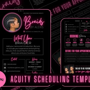 Peut inclure: Un modèle numérique noir et rose pour une entreprise de tresses capillaires, présentant un écran de téléphone avec une photo de profil et des détails commerciaux. Le modèle comprend des informations de contact, des politiques de réservation et des directives de rendez-vous.