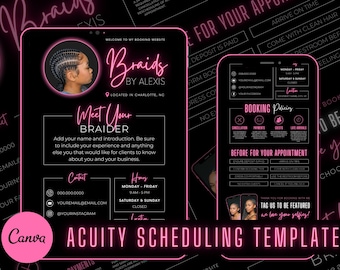 Op de afbeelding: Een zwart-roze digitale sjabloon voor een haarvlechtbedrijf, met een telefoonscherm met een profielfoto en zakelijke details. De sjabloon bevat contactgegevens, boekingsbeleid en afspraakrichtlijnen.
