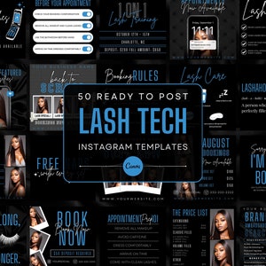 50 Black and Sky Blue Lash Tech Instagram Post Templates | Lash Quotes | Lash Posts | Lash Tech Branding | Canva Templates