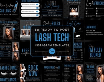 50 Plantillas de publicaciones de Instagram de Lash Tech en negro y azul cielo / Citas de pestañas / Publicaciones de pestañas / Marca de tecnología de pestañas / Plantillas Canva