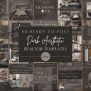 60 Dark Aesthetic Real Estate Instagram Post Templates | Digital Templates for Canva | Luxury Realtor Templates