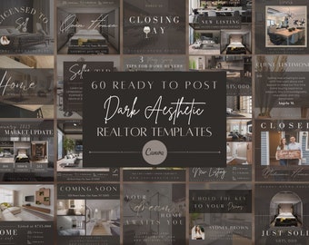 60 Dark Aesthetic Real Estate Instagram Post Templates | Digital Templates for Canva | Luxury Realtor Templates