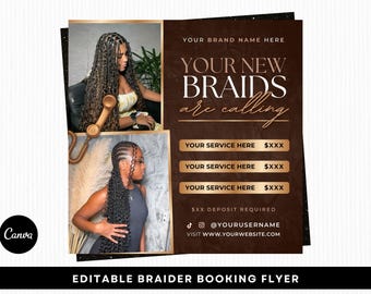 Braider Buchungsflyer, New Braids Calling Flyer, bearbeitbare Canva Vorlage