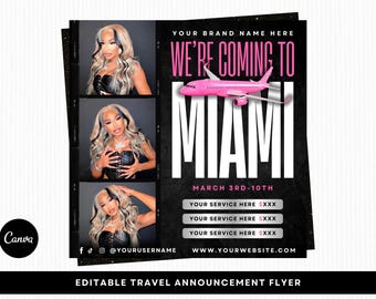 Miami Travel Booking Flyer, Travel Announcement Flyer, Editable Canva Template
