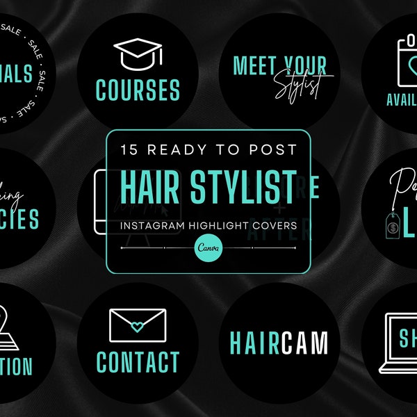 15 Hair Stylist Instagram Highlight Cover Templates | Black and Mint Highlight Icons | Hair Stylist Branding | Canva Templates