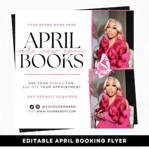 Puede incluir: Un folleto en blanco y negro con el texto "APRIL BOOKS are now open". El folleto incluye imágenes de una mujer con cabello rosado y un gráfico de mariposa. El folleto también incluye identificadores de redes sociales e información del sitio web.