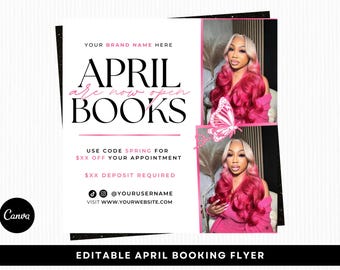 April-Buchungsflieger, Frühlingsbücher offen, bearbeitbare Canva-Vorlage