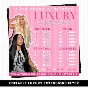 Prijslijstflyer luxe hairextensions, branding haarverkoper, bewerkbare canvassjabloon