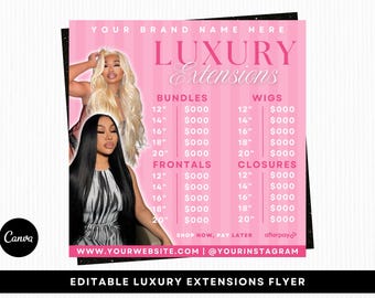 Flyer liste de prix des extensions de cheveux de luxe, image de marque du vendeur de cheveux, modèle canva modifiable