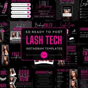 50 Black and Pink Lash Tech Instagram Post Templates | Lash Quotes | Lash Posts | Lash Tech Branding | Canva Templates